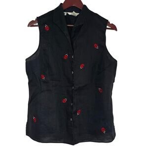Vintage Linen Ladybug Embroidered Black Sleeveless Shirt Resort Cottagecore